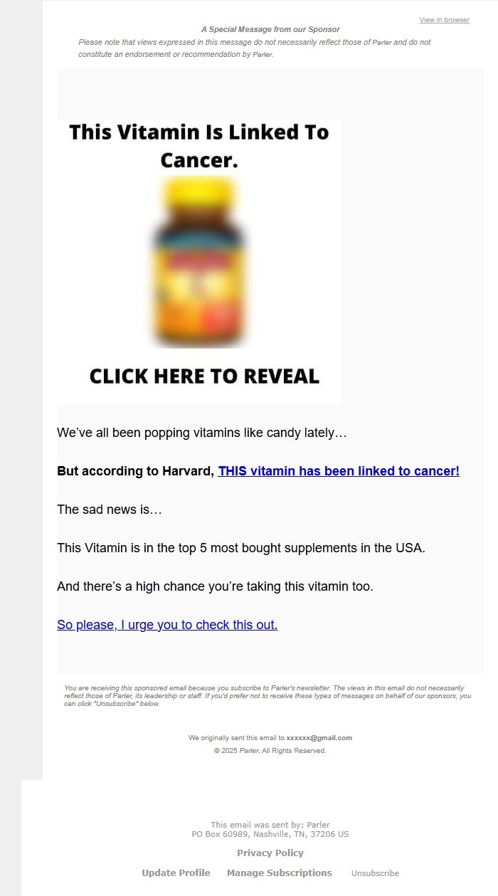 Screenshot of the email generated on import