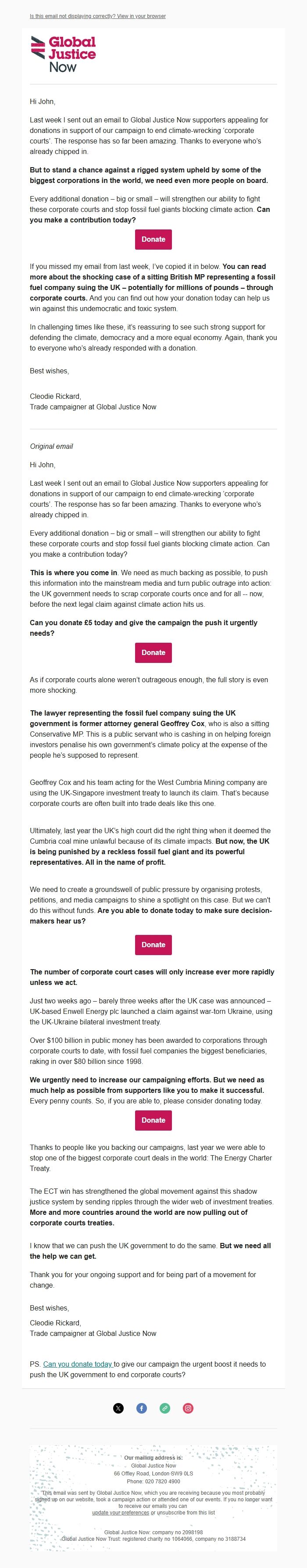 Screenshot of the email generated on import