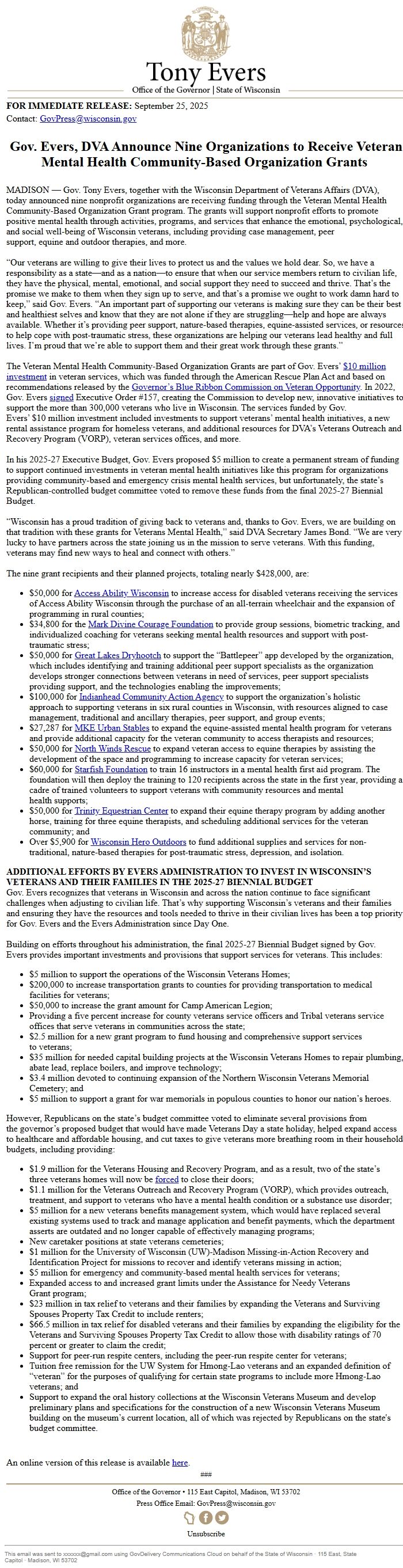 Screenshot of the email generated on import