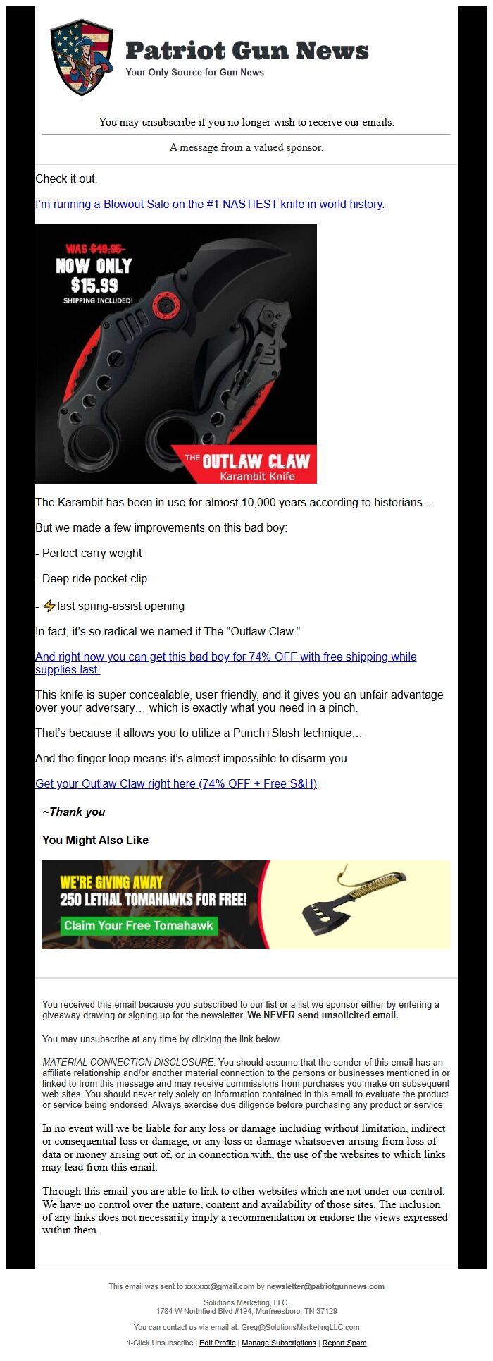 Screenshot of the email generated on import