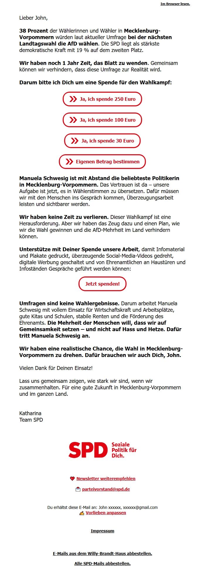 Screenshot of the email generated on import