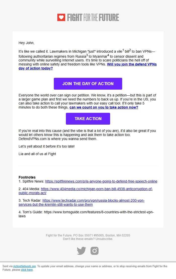 Screenshot of the email generated on import