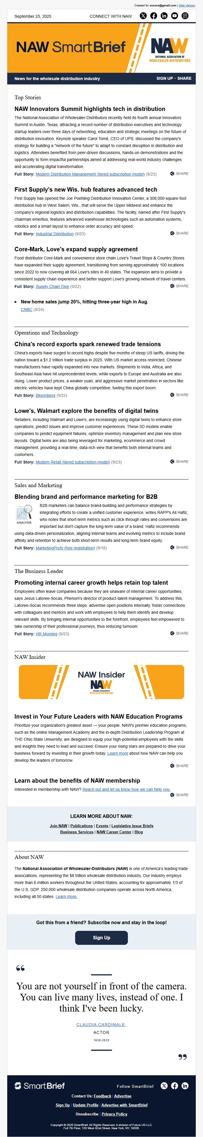 Screenshot of the email generated on import