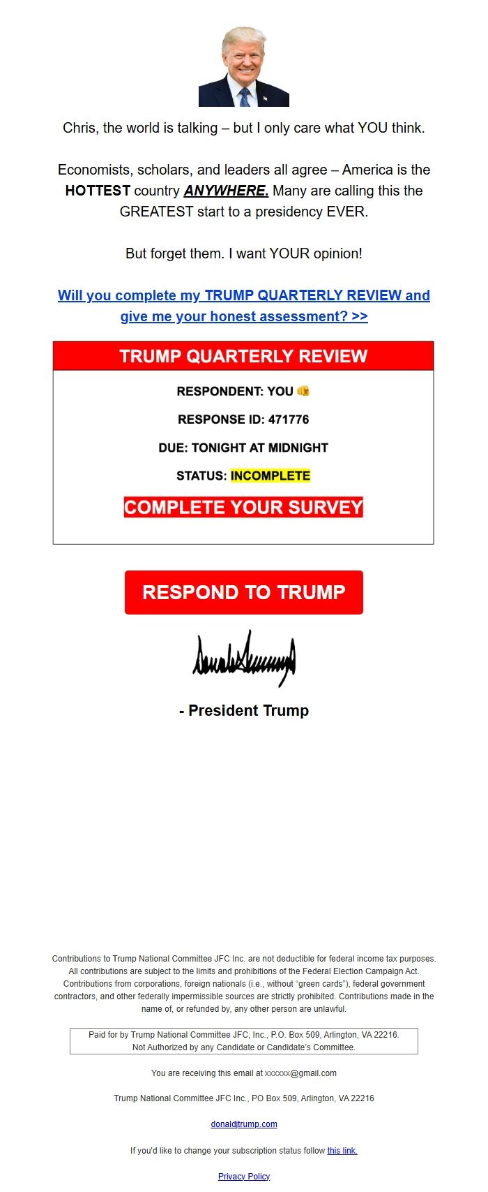 Screenshot of the email generated on import