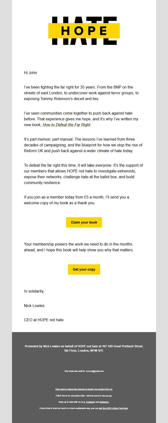 Screenshot of the email generated on import