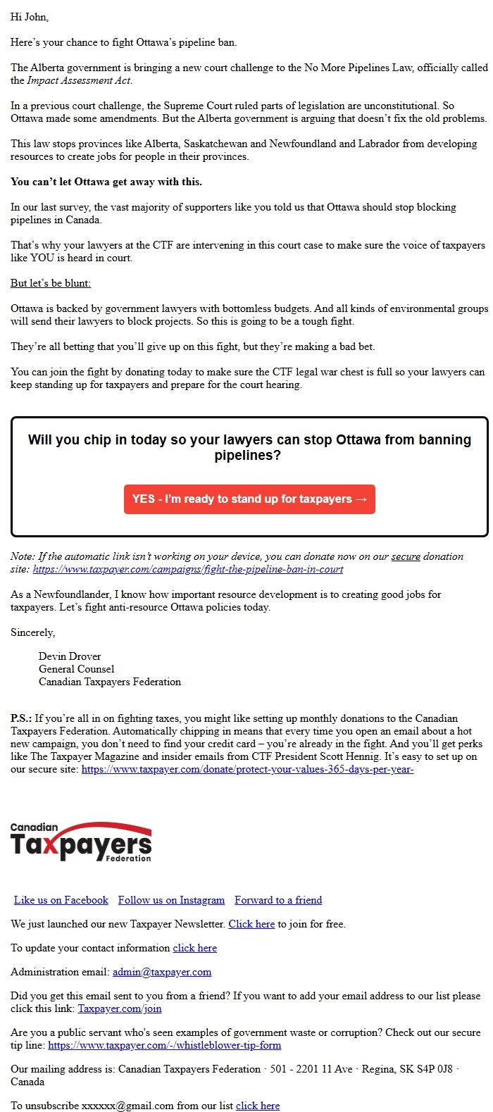 Screenshot of the email generated on import