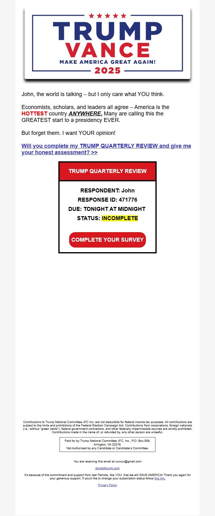 Screenshot of the email generated on import