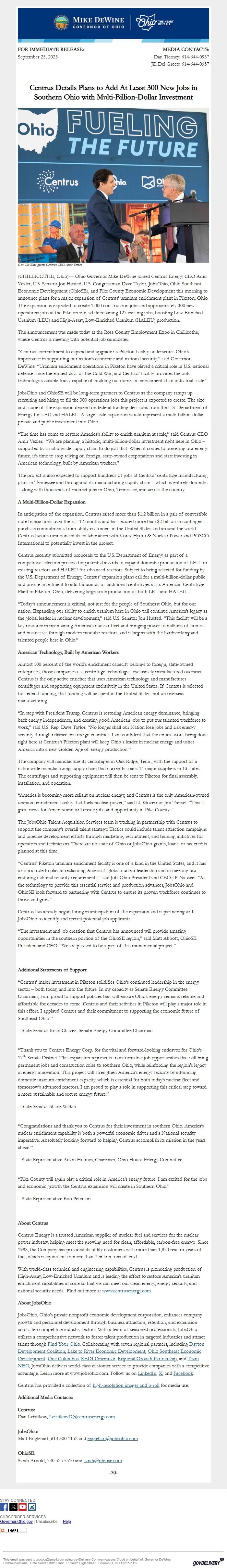 Screenshot of the email generated on import