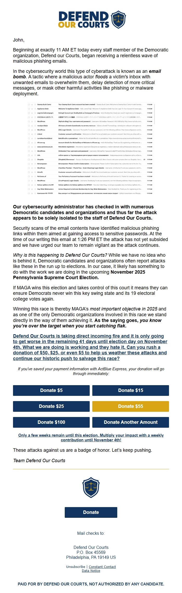 Screenshot of the email generated on import