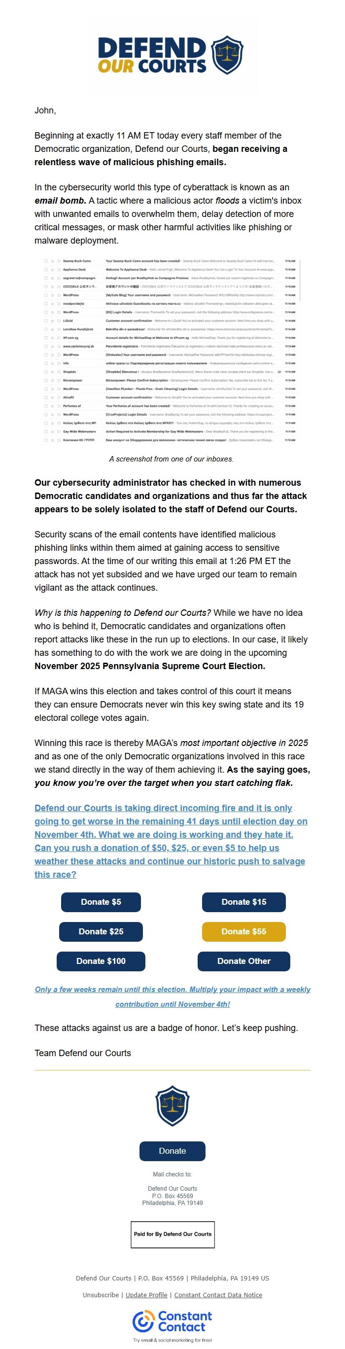 Screenshot of the email generated on import