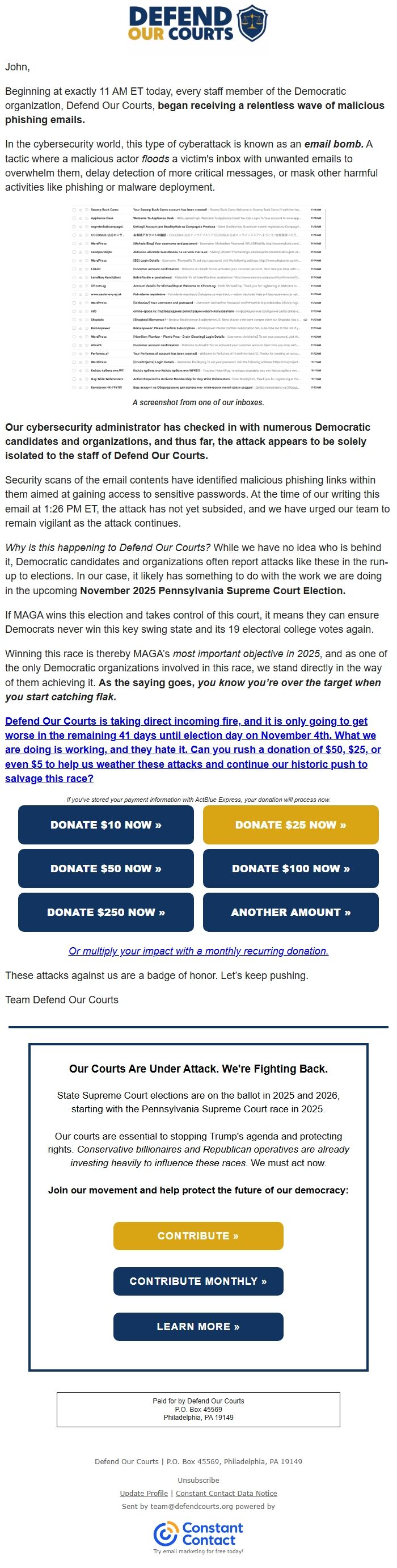 Screenshot of the email generated on import