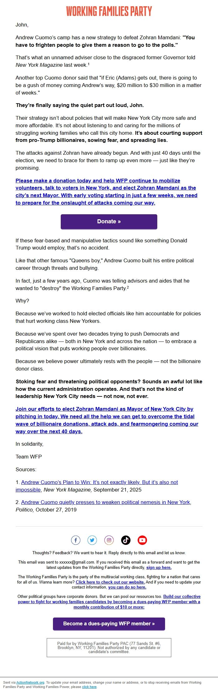 Screenshot of the email generated on import