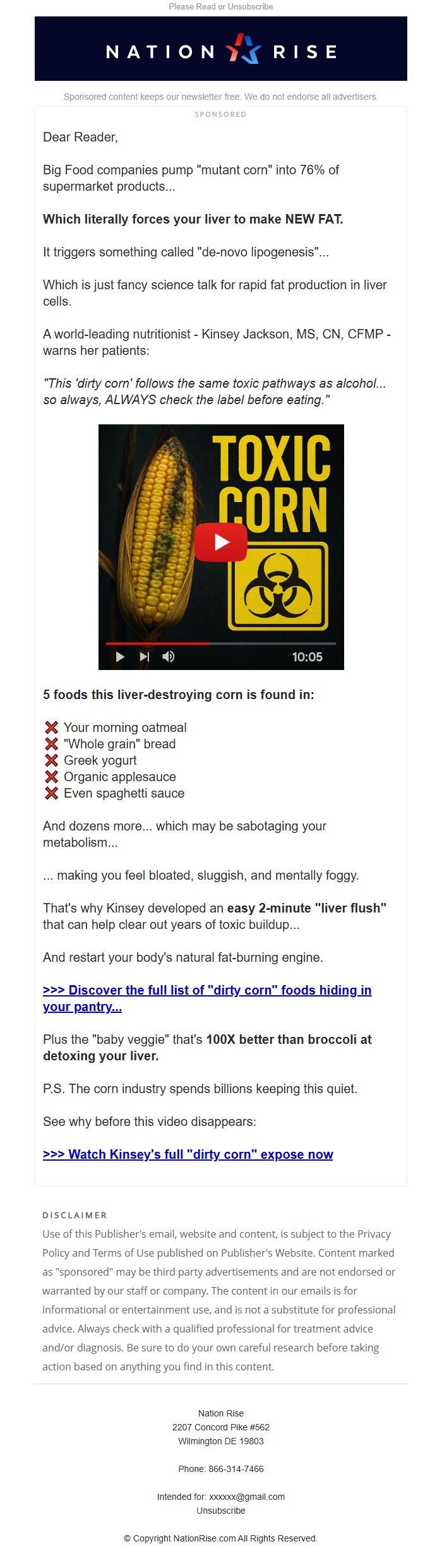 Screenshot of the email generated on import
