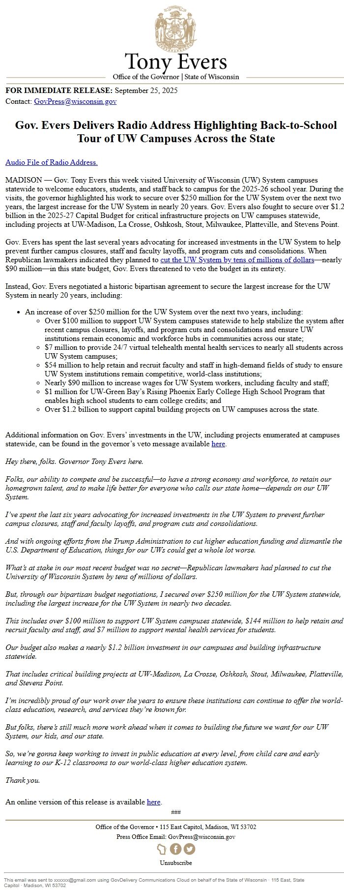 Screenshot of the email generated on import