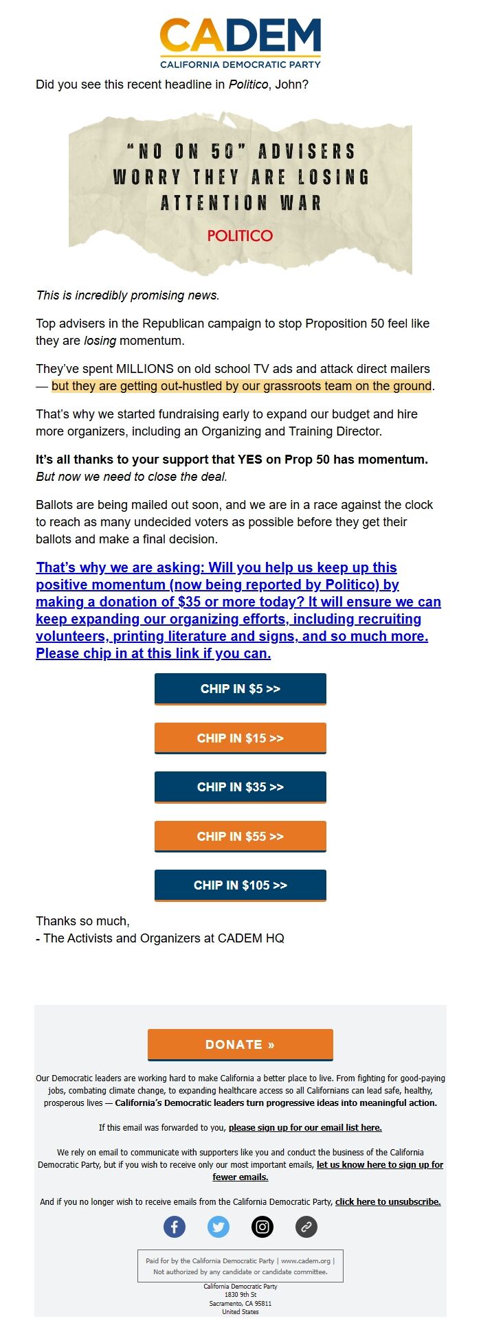 Screenshot of the email generated on import