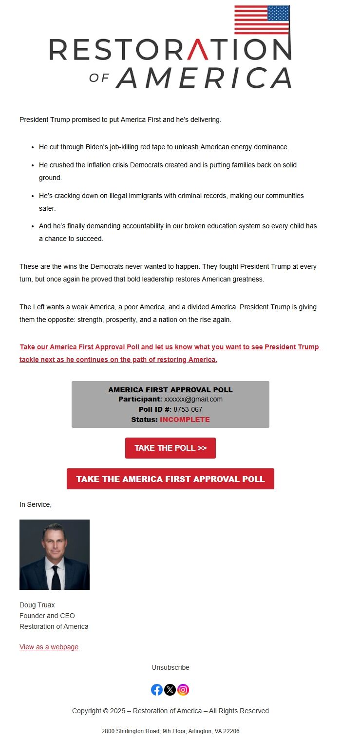 Screenshot of the email generated on import