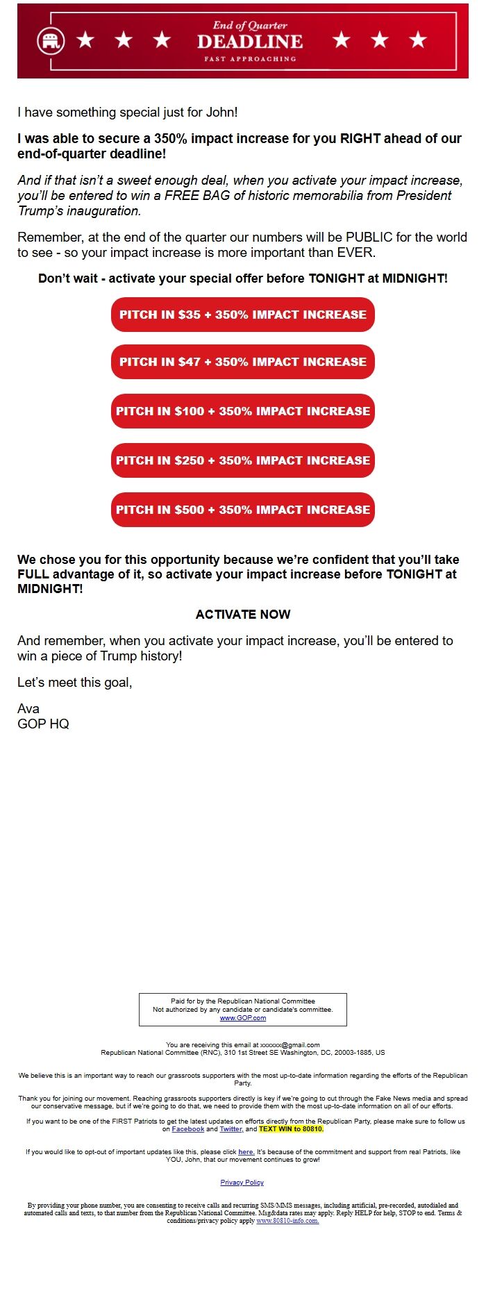 Screenshot of the email generated on import