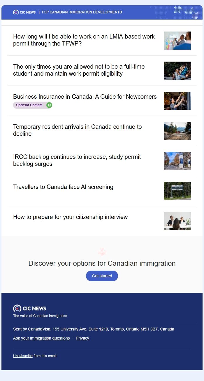 Screenshot of the email generated on import