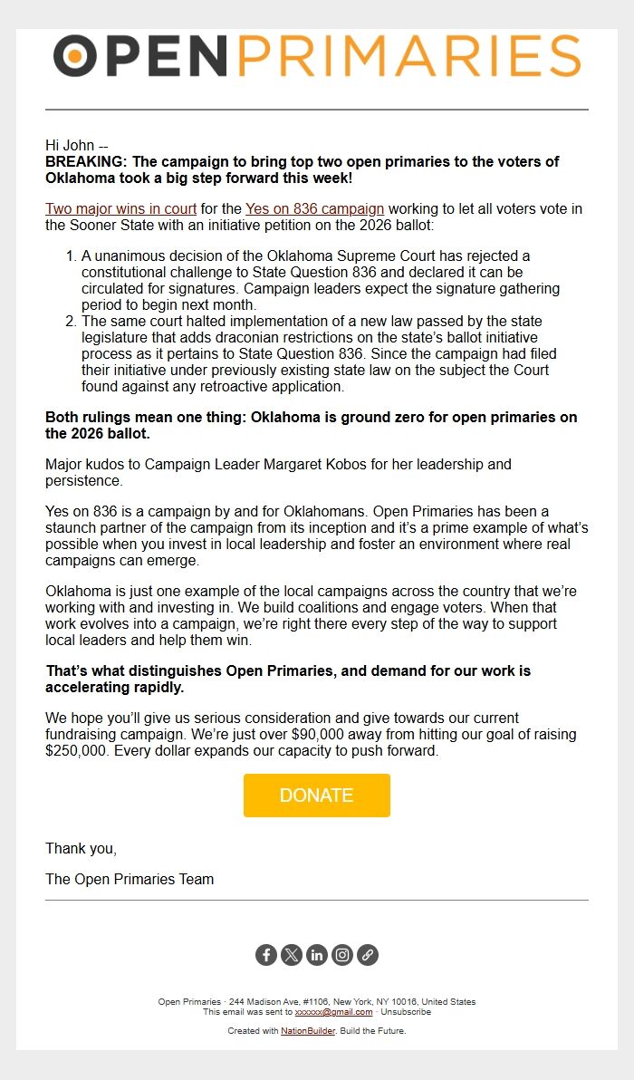 Screenshot of the email generated on import