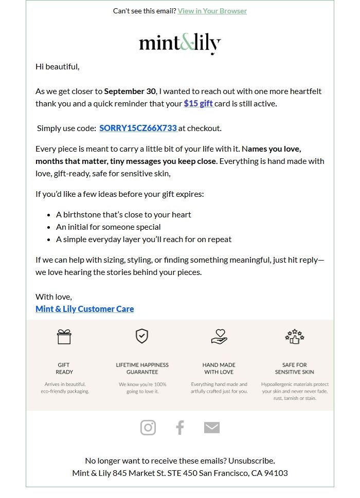 Screenshot of the email generated on import