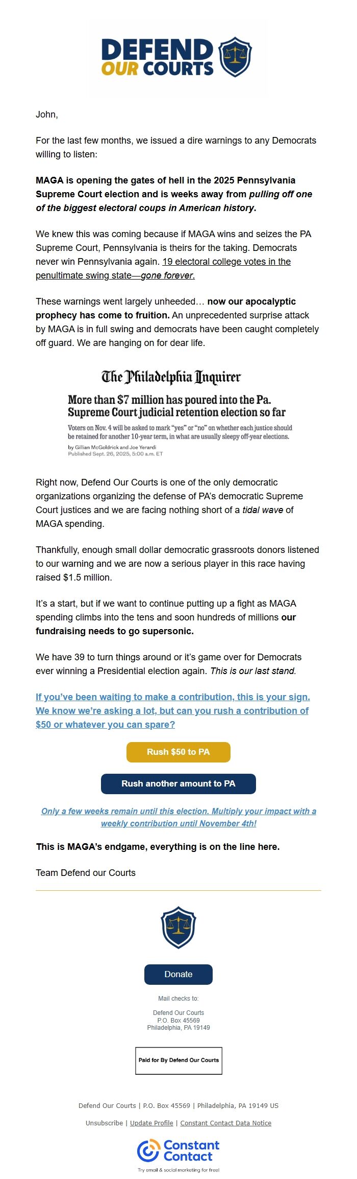 Screenshot of the email generated on import