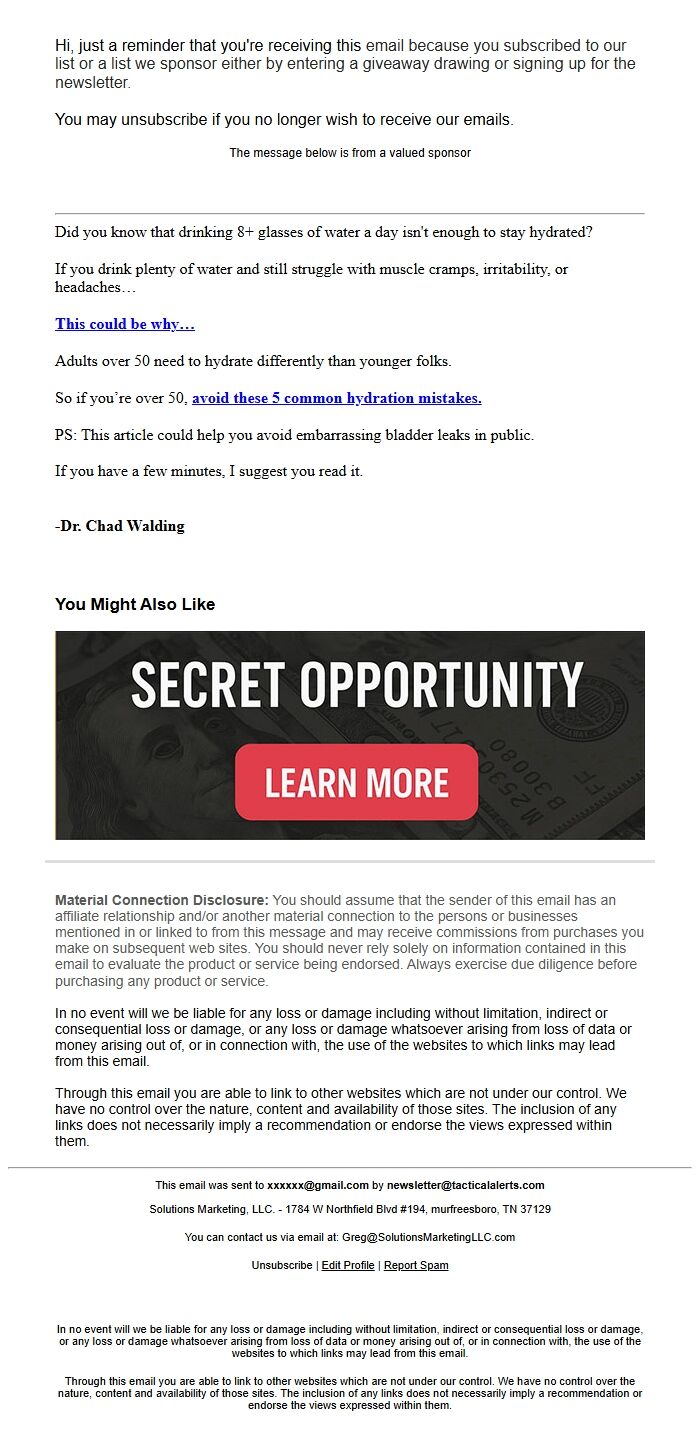 Screenshot of the email generated on import
