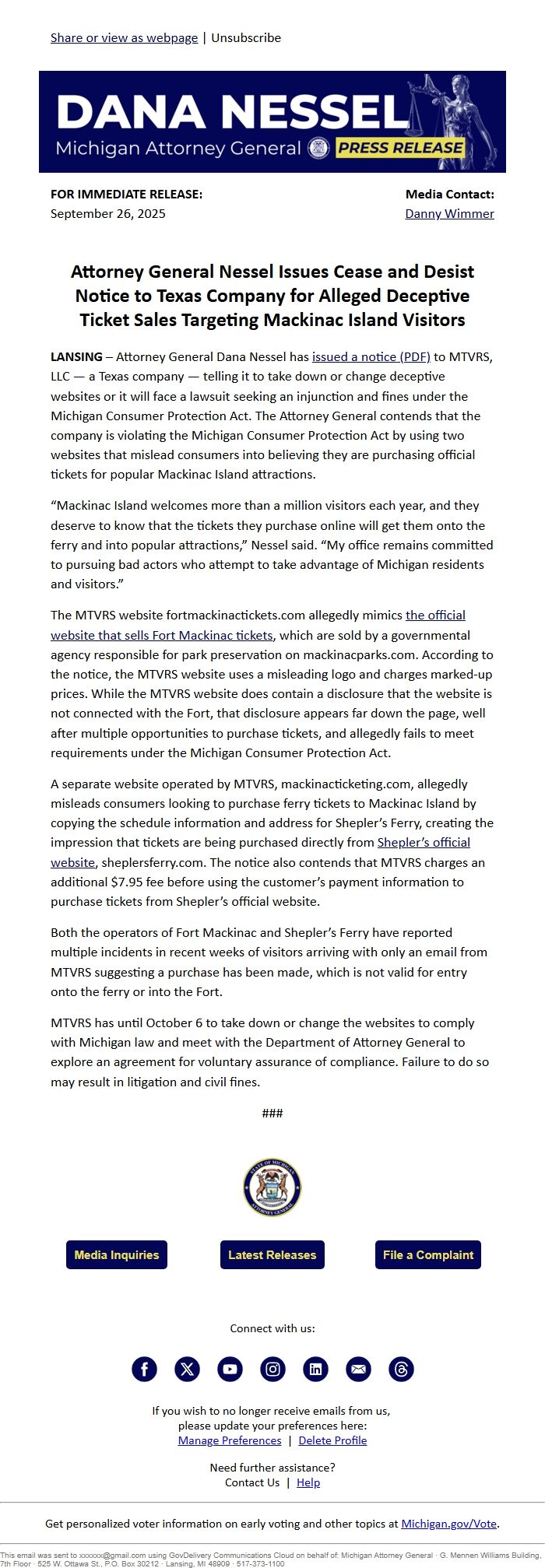 Screenshot of the email generated on import