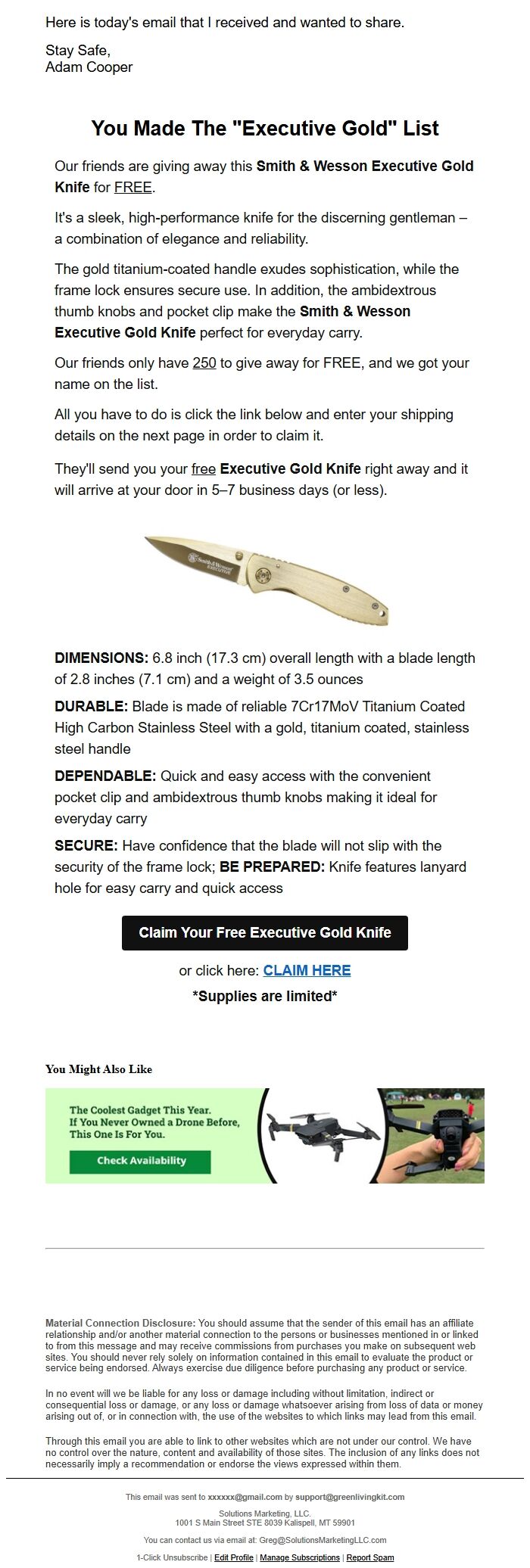 Screenshot of the email generated on import