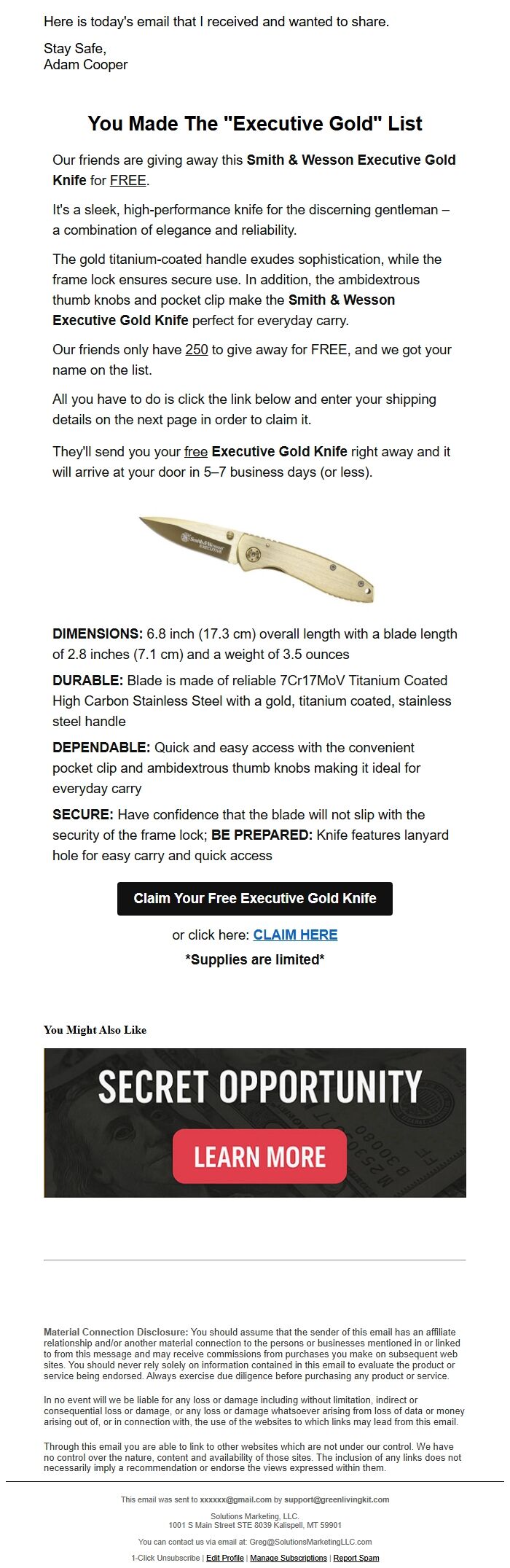 Screenshot of the email generated on import