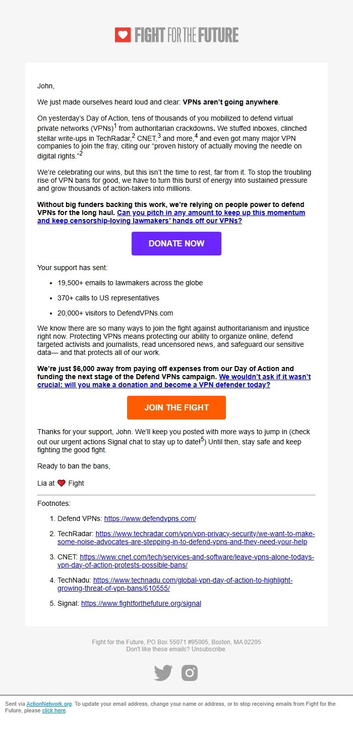 Screenshot of the email generated on import