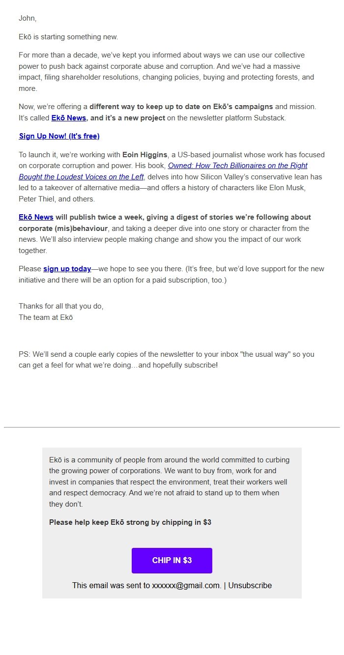 Screenshot of the email generated on import