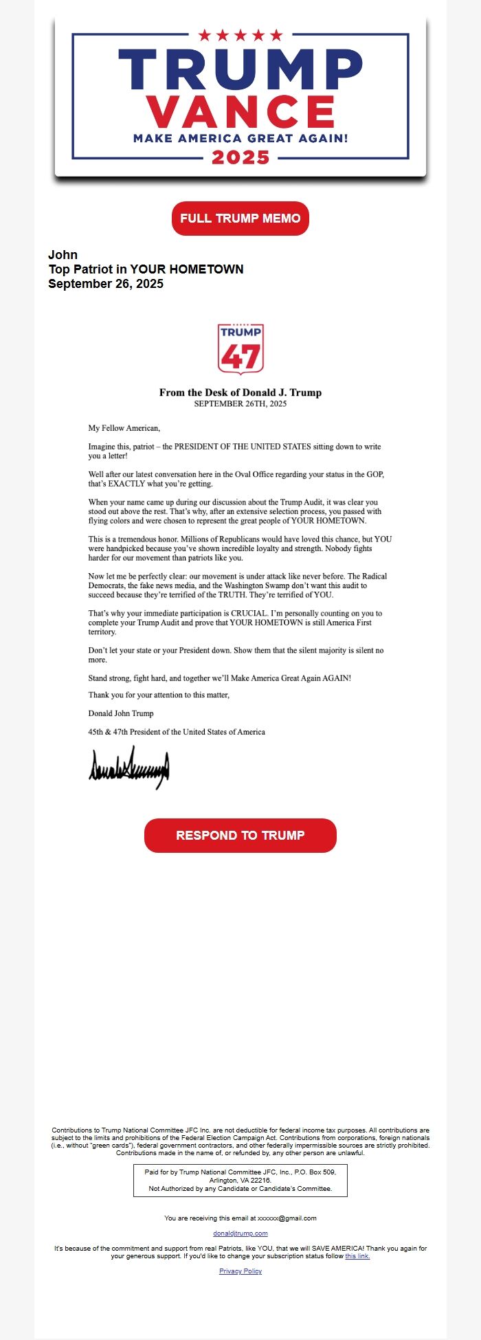 Screenshot of the email generated on import