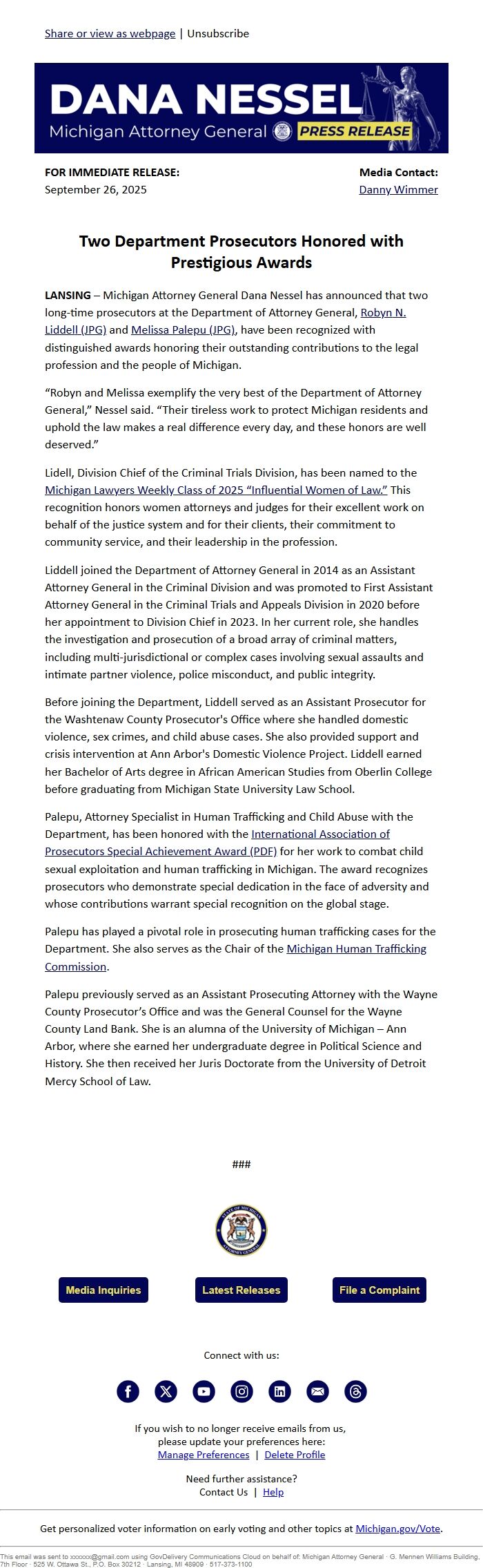 Screenshot of the email generated on import