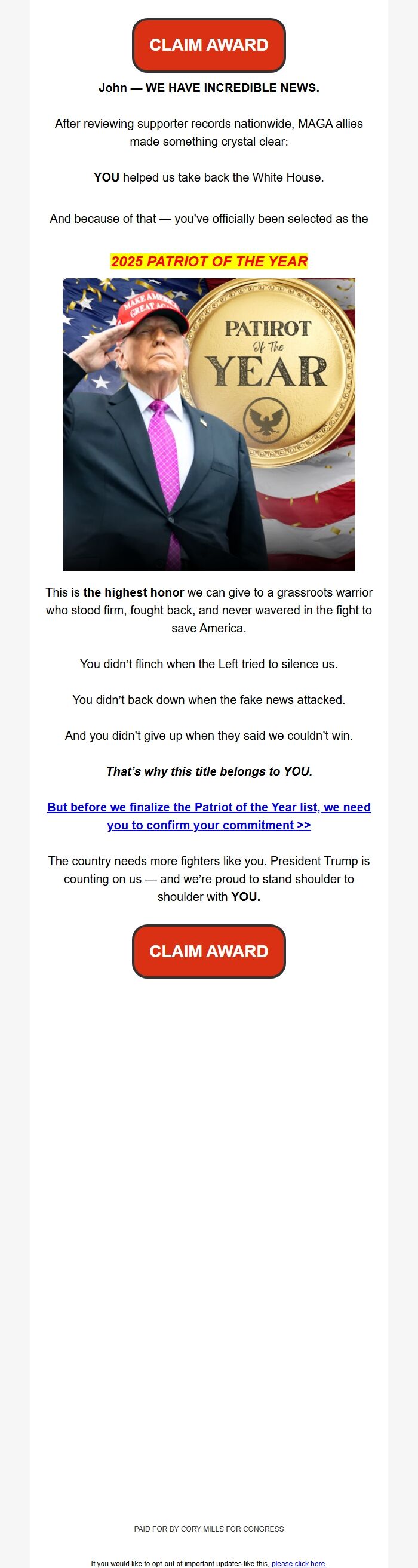 Screenshot of the email generated on import