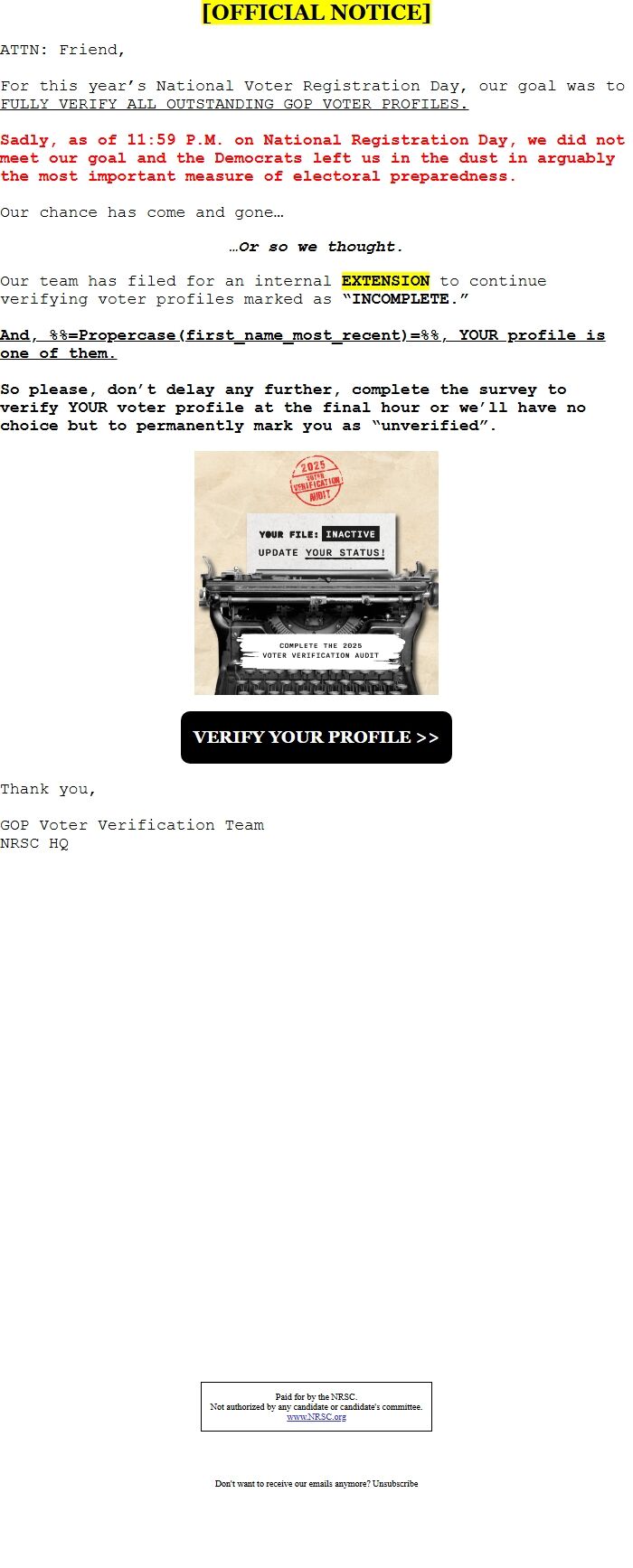 Screenshot of the email generated on import