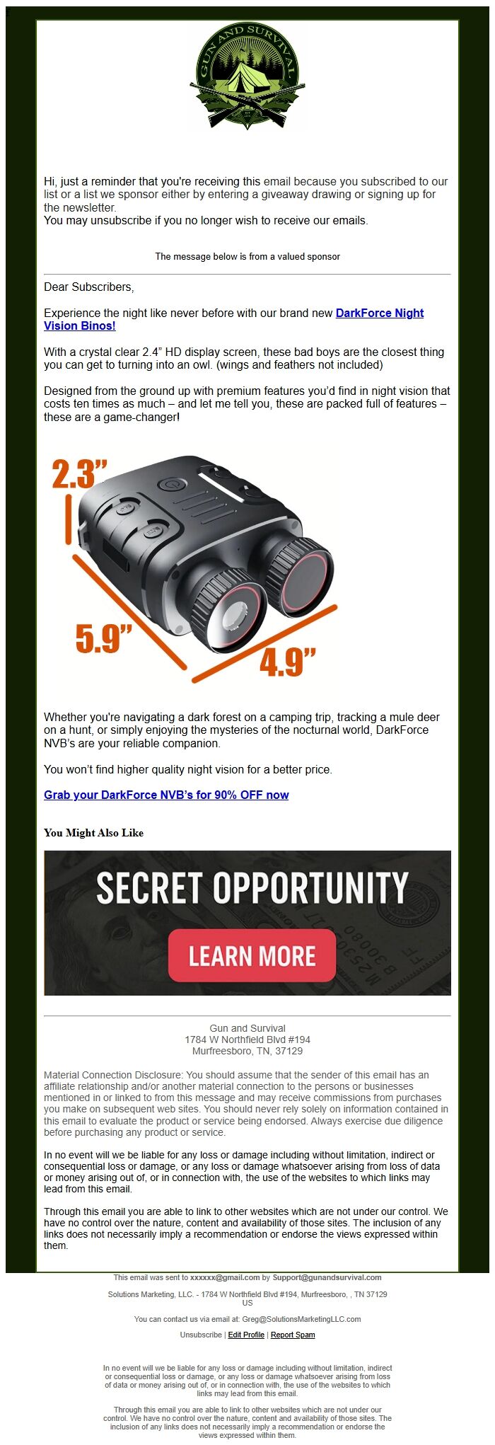 Screenshot of the email generated on import