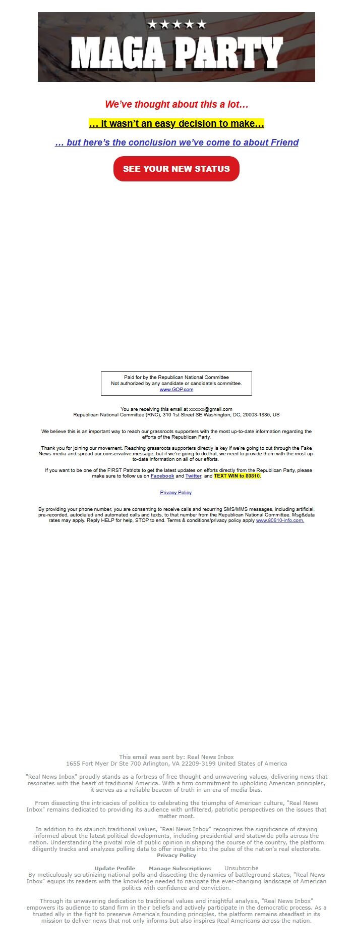 Screenshot of the email generated on import