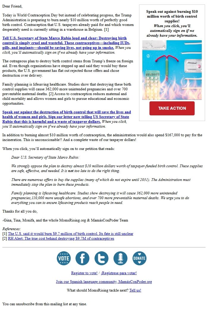 Screenshot of the email generated on import