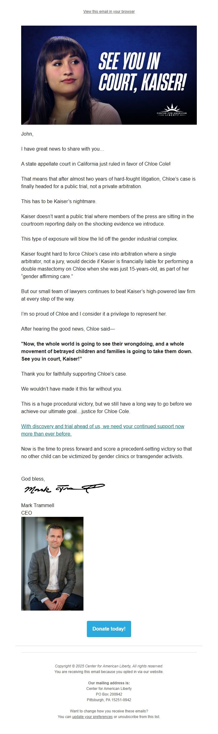Screenshot of the email generated on import