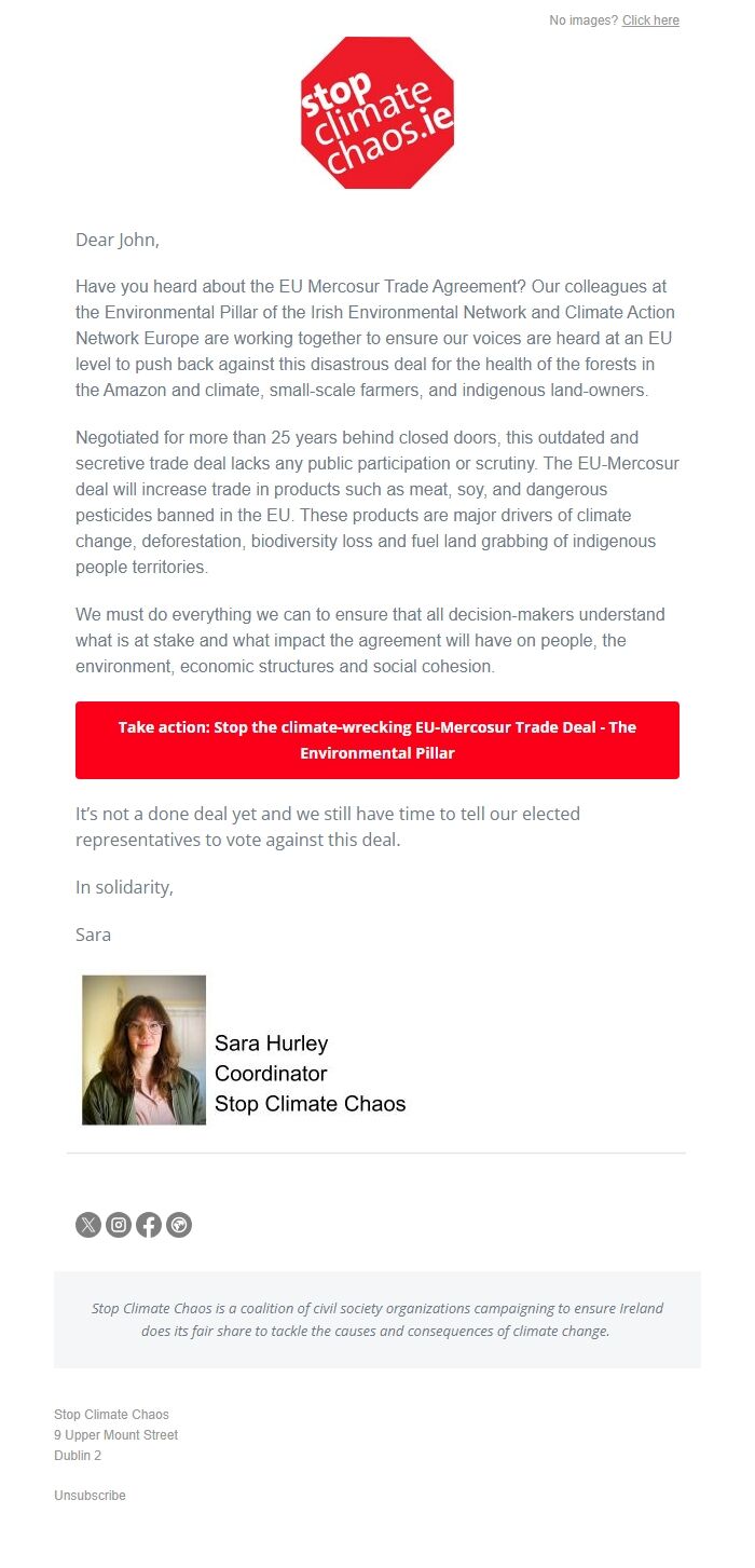 Screenshot of the email generated on import