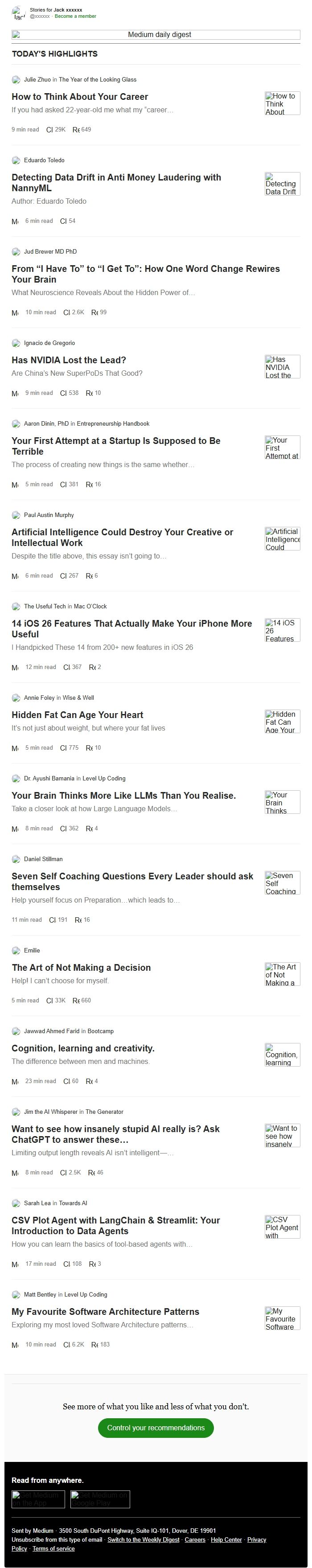 Screenshot of the email generated on import