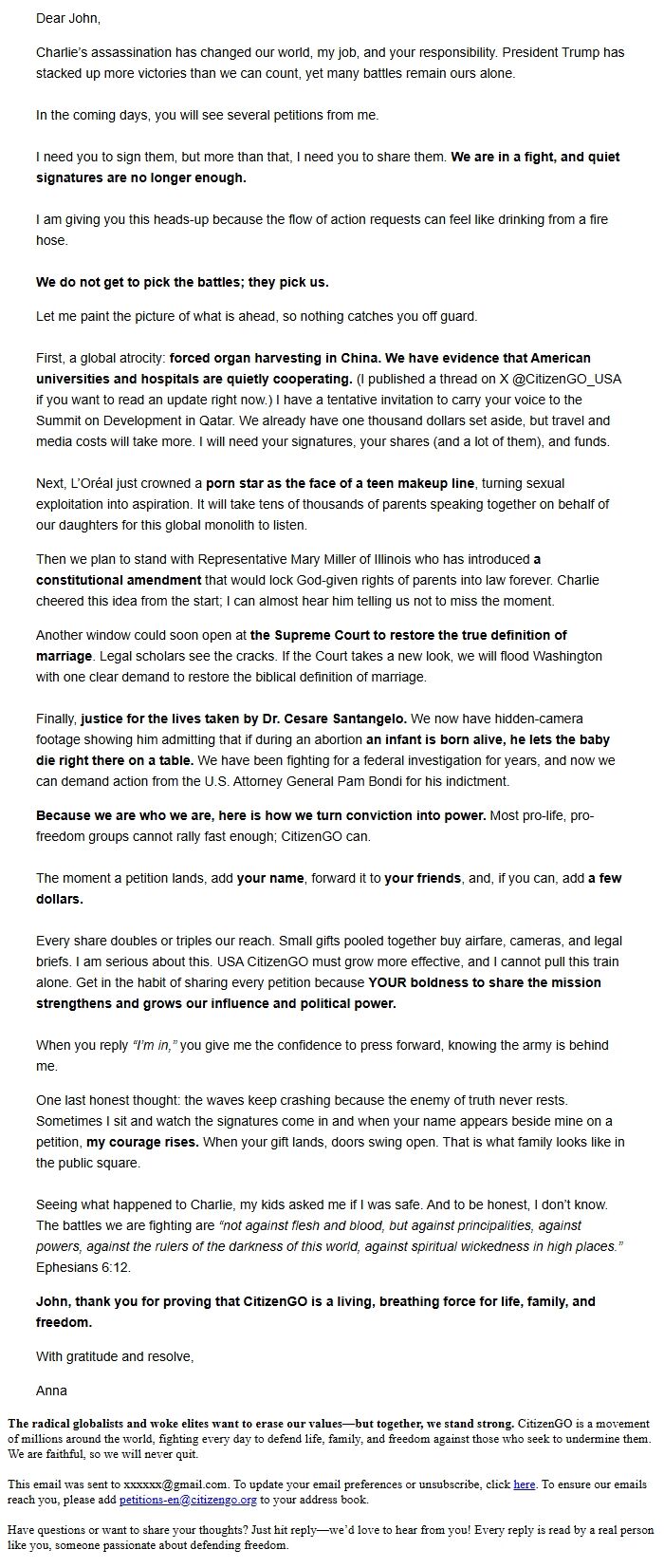Screenshot of the email generated on import