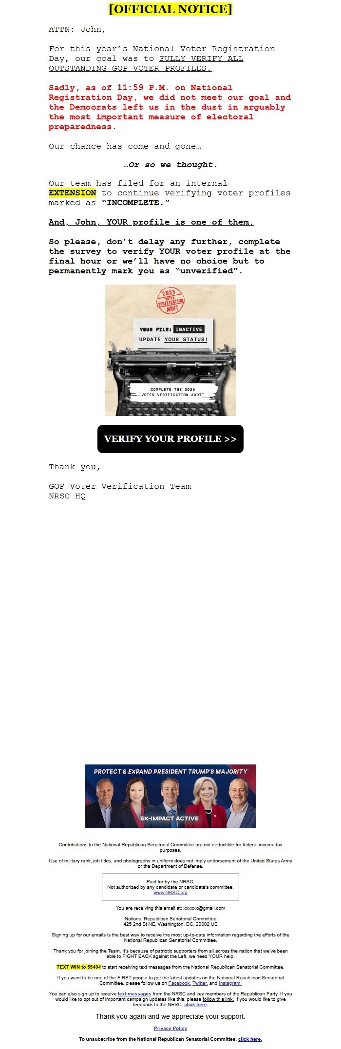 Screenshot of the email generated on import