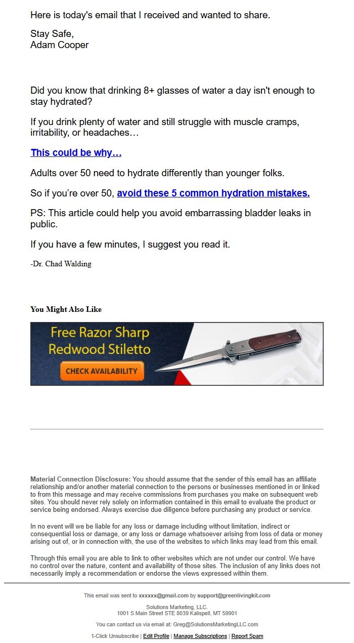 Screenshot of the email generated on import