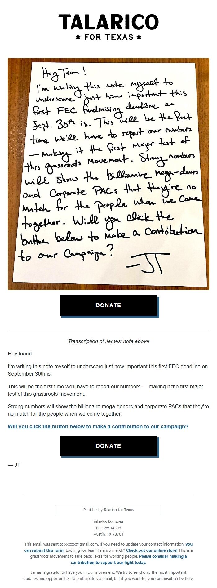 Screenshot of the email generated on import
