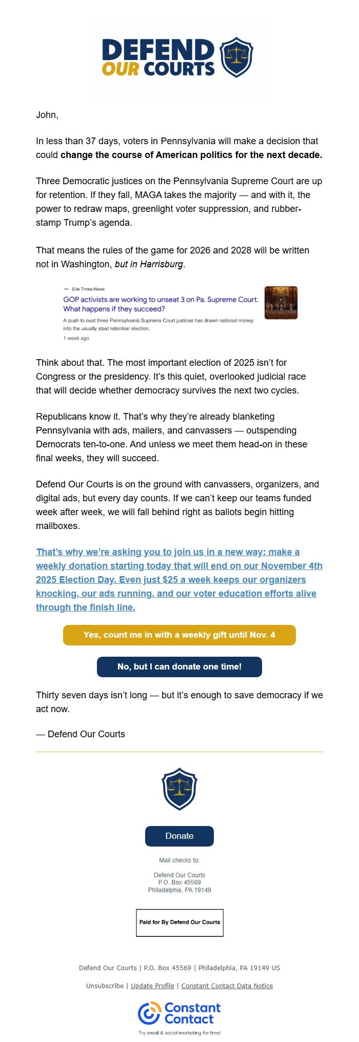 Screenshot of the email generated on import