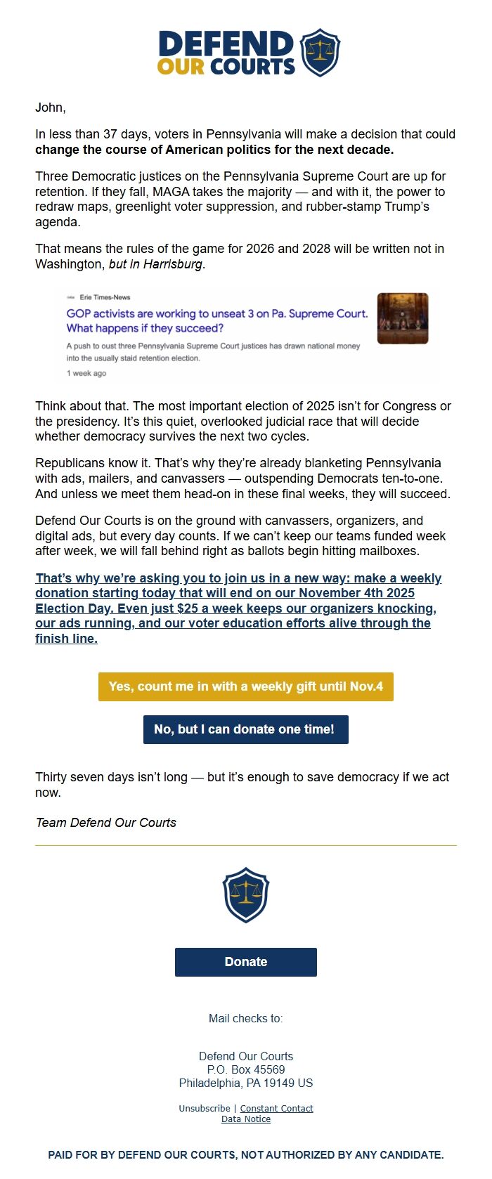 Screenshot of the email generated on import