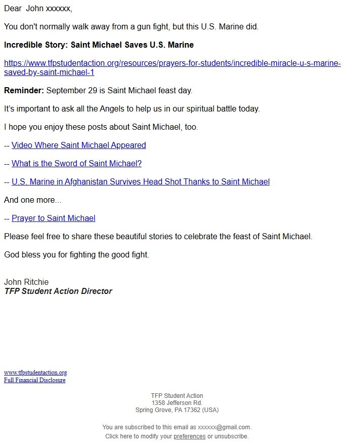 Screenshot of the email generated on import