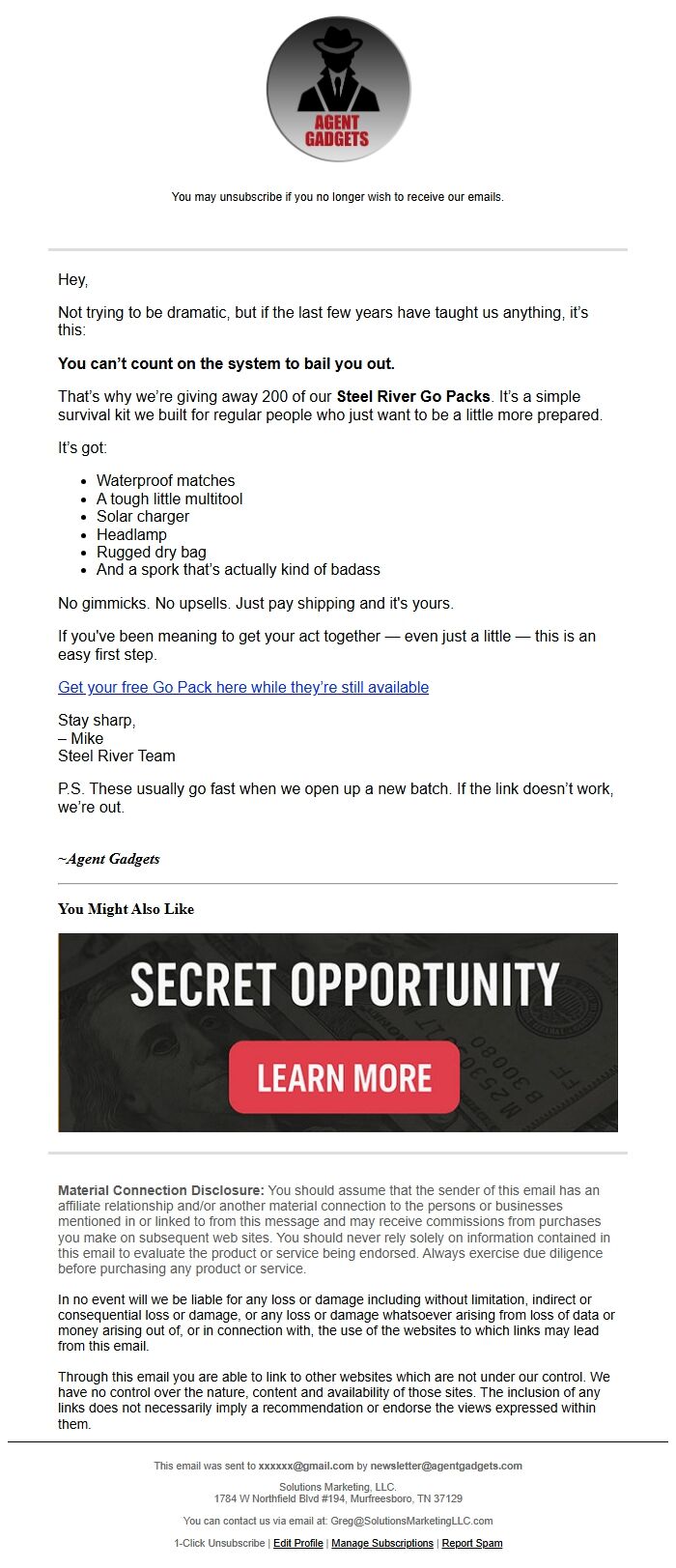 Screenshot of the email generated on import