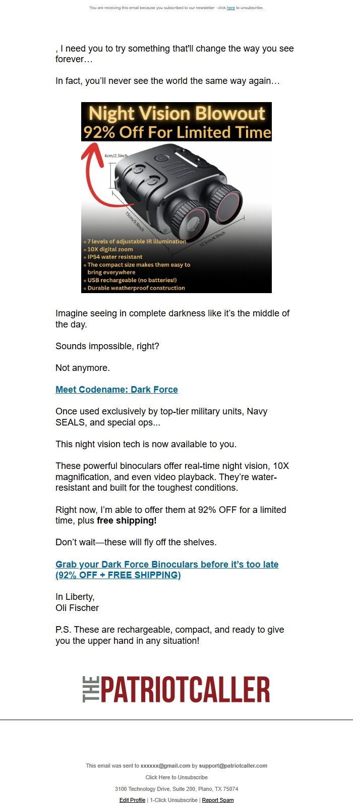 Screenshot of the email generated on import